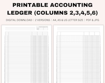 Printable Blank Accounting Ledger, Log for Credits and Debits, Bookkeeping, Small Business, 2-6 Columns Ledger, A4, A5, US Letter Size