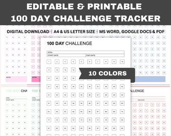 Editable 100 Day Challenge Tracker, 100 Day Goal Progress Tracker Printable, Habit Tracker, Savings Challenge, Word, GDocs, PDF, A4, Letter