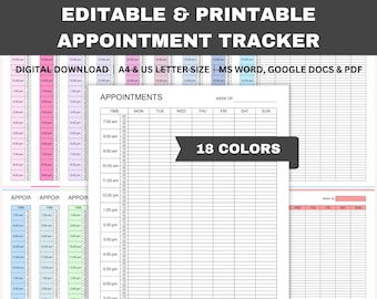 Editable Appointment Tracker, Printable 15 Minute Interval Appointment Planner, Small Business Template, Word, GDocs, PDF, A4, Letter