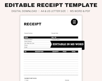 Editable Receipt Template, Business Receipt, Billing Template, Receipt Form, Small Business Template, MS Word, PDF, A4, US Letter Size