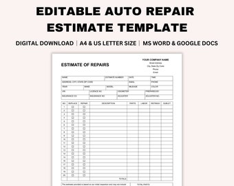 Editable Auto Repair Estimate Template, Automotive Service Invoice, Estimate Form, Car Repair, Body Shop Estimate, Word, GDocs, A4, Letter
