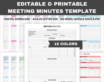 Editable Meeting Minutes Template, Printable Meeting Notes, Meeting Agenda, Business Notes, Meeting Record, Word, GDocs, PDF, A4, Letter