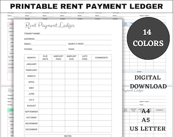 Printable Rent Payment Ledger, Monthly Rent Tracker, Rental Agreement, Small Business Template, Financial Planner, PDF, A4, A5, US Letter