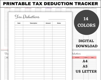 Printable Tax Deduction Tracker, Tax Organizer, Small Business Template, Business Tax Log, Financial Planner, PDF, A4, A5, US Letter
