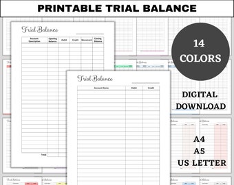 Printable Trial balance, Accounting Sheet, Small Business Template, Accounting Ledger Printable, Financial Reporting, PDF, A4, A5, US Letter