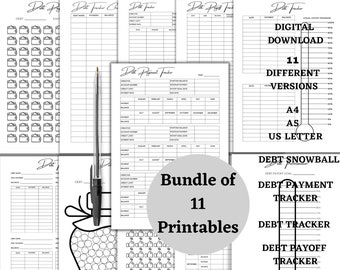 Printable Debt Tracker Bundle of 11, Debt Payment Tracker, Debt Payoff, Debt Snowball, Debt Thermometer, Financial Planner, Money Tracker