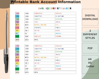 Printable Bank Account Information Tracker, Bank Details, Business Planner, Account Inserts, Bank Account Log, Finance Tracker, Card Details