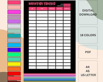Druckbarer Inventur-Tracker, Kleinunternehmen-Organizer, Bestandsführung, Inventurplaner, Inventurbogen, 18 Farben, A4, A5, Letter
