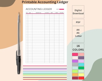 Grand livre de comptabilité imprimable, journal des crédits et des débits, feuille de grand livre et argent, grand livre pour les propriétaires de petites entreprises, 16 couleurs