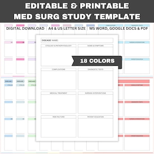 May include: Printable medical study template with 18 colours. The template includes sections for disease name, aetiology, signs and symptoms, complications, diagnostic tests, medical treatment, nursing interventions, risk factors, and patient education.