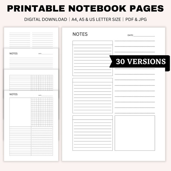 Printable Notebook Pages, Note Taking Templates, Notes Planner, Lined Paper, Writing Paper, Planner Pages, A4, A5, US Letter Size,