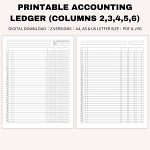 Libro mayor de contabilidad en blanco imprimible, Libro mayor de dinero, Contabilidad, Libro mayor general, Pequeñas empresas, Libro mayor de 2-6 columnas, A4, A5, Tamaño carta de EE. UU.