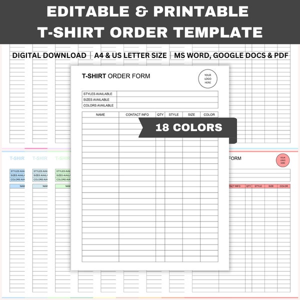 Editable T-Shirt Order Template, Printable Custom Order Form, Sales Order Form, Craft Business Order Form, Word, GDocs, PDF, A4, Letter