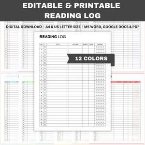 Registro de lectura editable, Registro de libros imprimible, Lista de verificación de lectura, Libros para leer, Rastreador de libros, Diario de lectura, Word, GDocs, PDF, A4, Carta