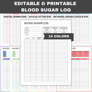 Registro de azúcar en sangre editable, Diario diario de azúcar en sangre, Registro de seguimiento de diabetes, Rastreador de salud, Diario de glucosa, Word, GDocs, PDF, A4, Carta