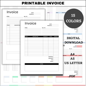 Factura imprimible, Plantilla para pequeñas empresas, Plantilla de factura, Factura de pago, Planificador financiero, Formulario de recibo, PDF, A4, A5, Carta de EE. UU.