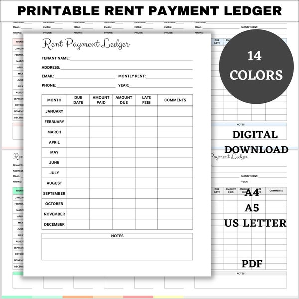 Printable Rent Payment Ledger, Monthly Rent Tracker, Rental Agreement, Small Business Template, Financial Planner, PDF, A4, A5, US Letter
