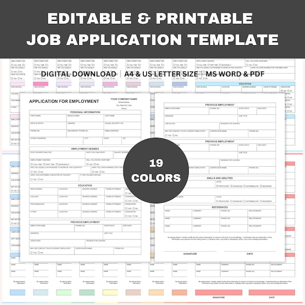 Editable Job Application Template, Printable Application for Employment, Employment Application, Business Template, Word, PDF, A4, Letter