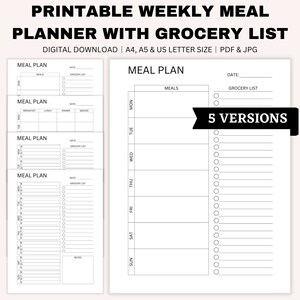 Printable Weekly Meal Planner with Grocery List, Shopping List, Grocery Planner, Meal Tracker, Grocery Checklist, A4, A5, US Letter Size