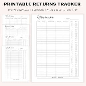 Seguimiento de devoluciones imprimible, plantilla de devoluciones, seguimiento de ventas, plantilla de devolución de pedidos, seguimiento de negocios, planificador financiero, A4, A5, carta de EE. UU.