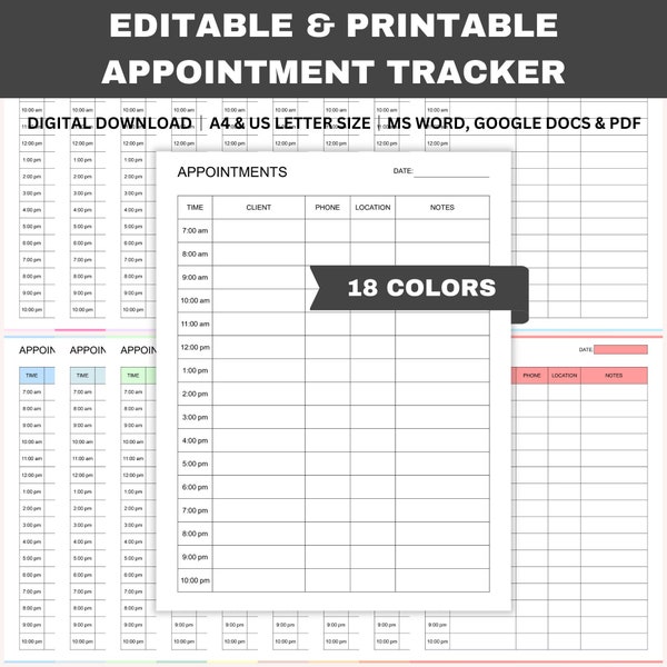 Editable Appointment Tracker, Printable Daily Appointment Log, Client List, Nail Tech, Small Business, Word, GDocs, PDF, A4, Letter