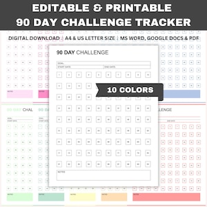 Seguimiento de desafíos de 90 días editable, Seguimiento de progreso de objetivos de 90 días imprimible, Formación de hábitos, Desafío de ahorro, Word, GDocs, PDF, A4, Carta