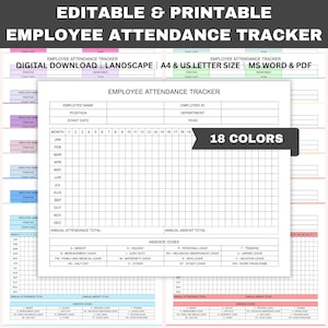 Rastreador de asistencia de empleados editable, Registro de asistencia diaria imprimible, Rastreador de empleados, Gráfico de ausencias, Plantilla de recursos humanos, Word, PDF, A4, Carta
