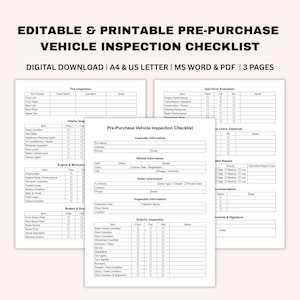 Könnte beinhalten: Bearbeitbare und druckbare Vorab-Fahrzeugprüfliste. Digitaler Download in A4- und US-Letter-Größe, MS Word und PDF. Die Checkliste umfasst Reifen-, Innenraum-, Motor-, Bremsen- und Außeninspektionen mit Platz für Notizen.
