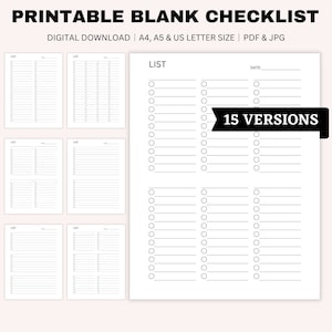 Druckbare leere Checkliste Vorlage, To Do Liste, Tagesplaner, minimalistische Checkliste, Einkaufsliste, Hausarbeit Checkliste, A4, A5, US Letter Größe