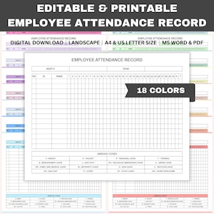 Bearbeitbarer Mitarbeiteranwesenheitsdatensatz, druckbarer Mitarbeiterabwesenheits-Tracker, Anwesenheitsregister, Business-Vorlage, Word, PDF, A4, Letter