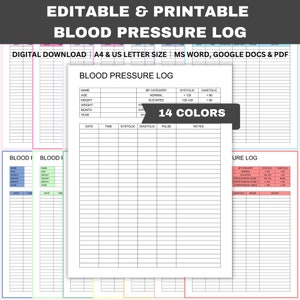 Puede incluir: Plantilla de registro de presión arterial imprimible en 14 colores. La plantilla incluye secciones para nombre, edad, altura, peso, mes, año, fecha, hora, sistólica, diastólica, pulso y notas. La plantilla está disponible en tamaño A4 y carta de EE. UU.