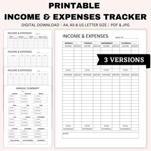 Seguimiento de ingresos y gastos imprimible, Seguimiento de gastos, Seguimiento de dinero, Pequeñas empresas, Contabilidad, Planificador financiero, A4, A5, Tamaño de carta de EE. UU.
