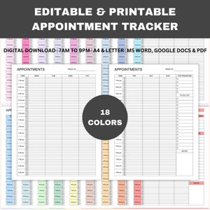 Rastreador de compromissos editável, planejador de compromissos para impressão com intervalo de 15 minutos, registro de reuniões, pequenas empresas, Word, GDocs, PDF, A4, carta