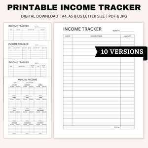 Seguimiento de ingresos imprimible, Seguimiento de dinero, Plantilla de ingresos, Registro de ingresos, Pequeñas empresas, Contabilidad, Planificador financiero, A4, A5, Tamaño de carta de EE. UU.