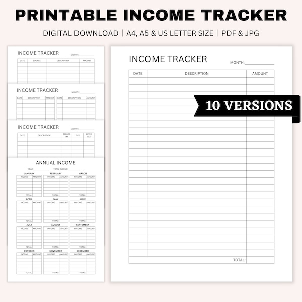 Printable Income Tracker, Money Tracker, Income Template, Income Log, Small Business, Bookkeeping, Financial Planner, A4, A5, US Letter Size