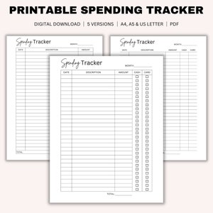 May include: Printable spending tracker with three different layouts. Each layout has columns for date, description, amount, cash, and card. The tracker is designed to help people track their spending.