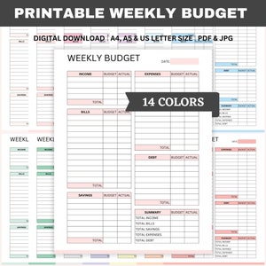 Puede incluir: Planificador de presupuesto semanal imprimible en formato PDF y JPG. El planificador tiene secciones para ingresos, gastos, facturas, ahorros y deudas. También incluye una sección de resumen para el total de ingresos, facturas, ahorros, gastos y deudas. El planificador está disponible en 14 colores.