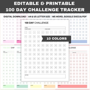 Può includere: Tracker stampabile per la sfida dei 100 giorni, disponibile come download digitale. Presenta una griglia con spazi per obiettivi, date di inizio e fine e note. Il testo "10 Colors" è visibile.