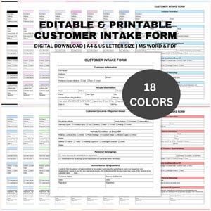 Puede incluir: Formulario de admisión de clientes editable e imprimible. Descarga digital disponible en tamaños A4 y carta estadounidense, compatible con MS Word y PDF. Incluye 18 opciones de color. Para información del cliente y del vehículo.