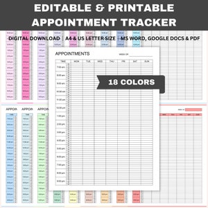 Editable Appointment Tracker, Printable 15 Minute Interval Appointment Planner, Small Business Template, Word, GDocs, PDF, A4, Letter