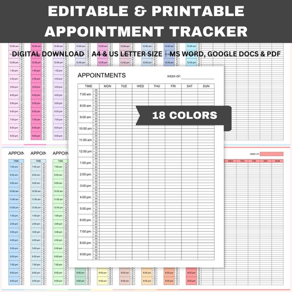 Editable Appointment Tracker, Printable 15 Minute Interval Appointment Planner, Small Business Template, Word, GDocs, PDF, A4, Letter