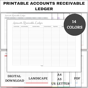 Puede incluir: Plantilla de libro mayor de cuentas por cobrar imprimible en formato horizontal. La plantilla tiene columnas para la fecha de la factura, el número de la factura, el nombre del cliente, el importe de la factura, los pagos y el saldo. La plantilla está disponible en 14 colores y en tamaños A4, A5 y US Letter.