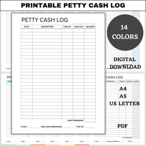 Registro de caja chica imprimible, plantilla para pequeñas empresas, libro mayor de caja chica, contabilidad, formulario de efectivo, planificador financiero, PDF, A4, A5, carta de EE. UU.
