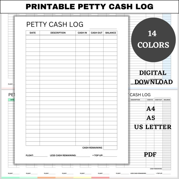 Printable Petty Cash Log, Small Business Template, Petty Cash Ledger, Bookkeeping, Cash Form, Financial Planner, PDF, A4, A5, US Letter