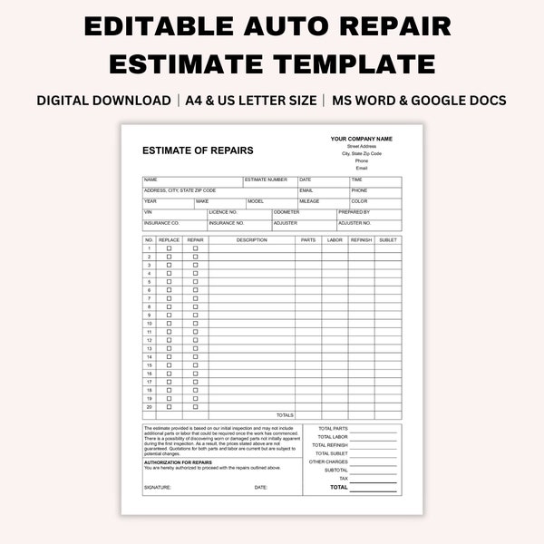 Editable Auto Repair Estimate Template, Automotive Service Invoice, Estimate Form, Car Repair, Body Shop Estimate, Word, GDocs, A4, Letter