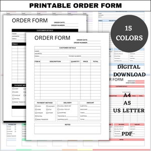 Afdrukbaar bestelformulier, sjabloon voor kleine bedrijven, factuurformulier, verkooporderformulier, ordertracker, financiële planner, PDF, A4, A5, US Letter-formaat