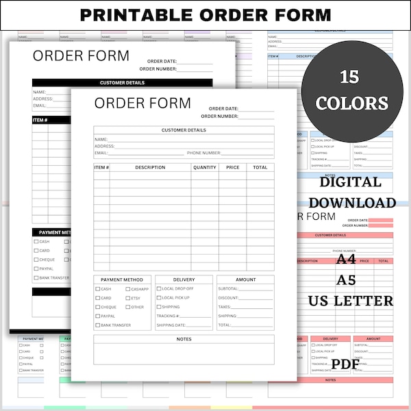 Druckbares Bestellformular, Small Business Template, Rechnungsformular, Kundenauftragsformular, Auftragsverfolgung, Finanzplaner, PDF, A4, A5, US Letter Größe