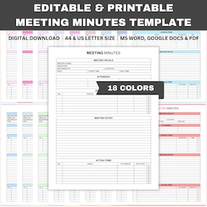 Plantilla editable de actas de reuniones, notas de reuniones imprimibles, agenda de reuniones, notas comerciales, registro de reuniones, Word, GDocs, PDF, A4, Carta