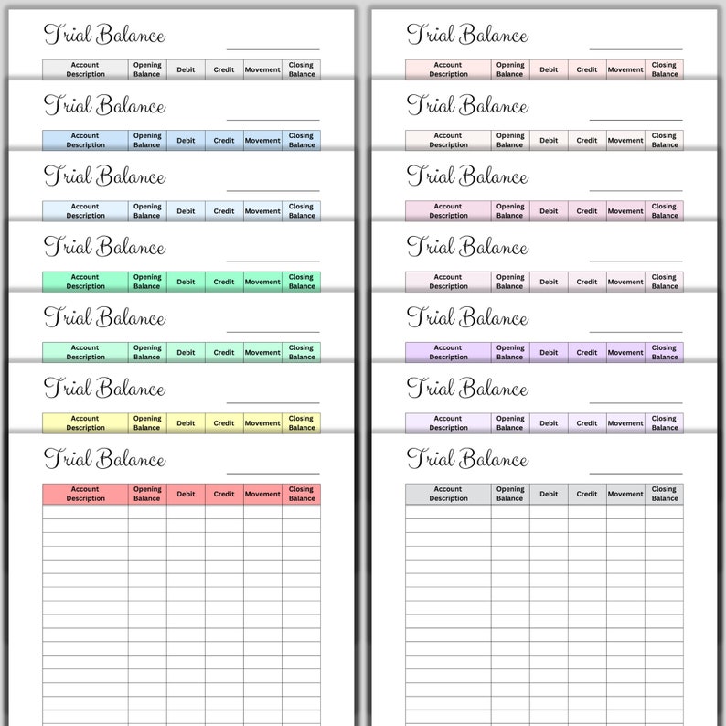 May include: A printable trial balance spreadsheet with columns for account description, opening balance, debit, credit, movement, and closing balance. The spreadsheet is divided into two columns, each with 10 rows.