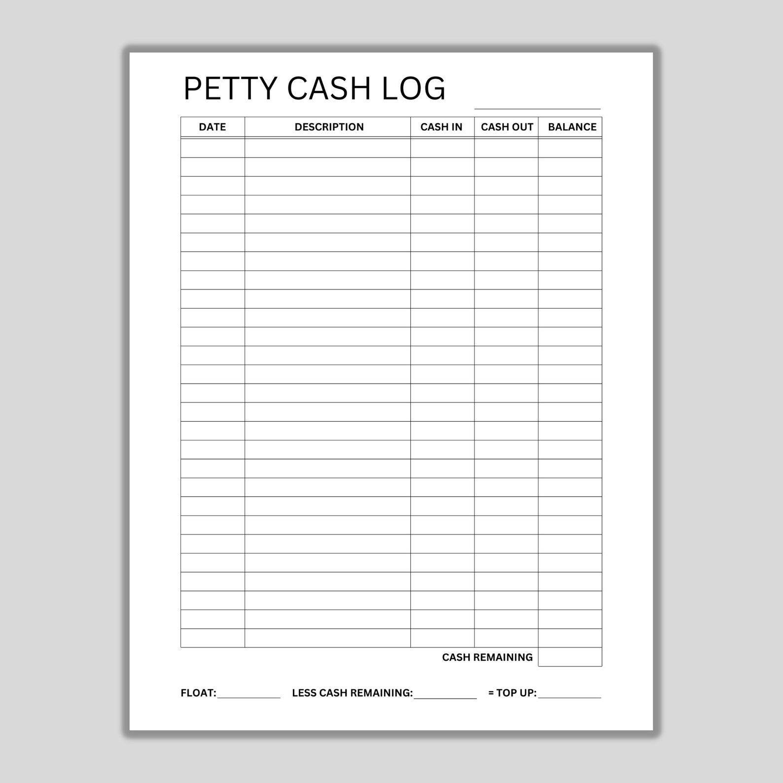 Printable Petty Cash Log, Small Business Template, Petty Cash Ledger ...